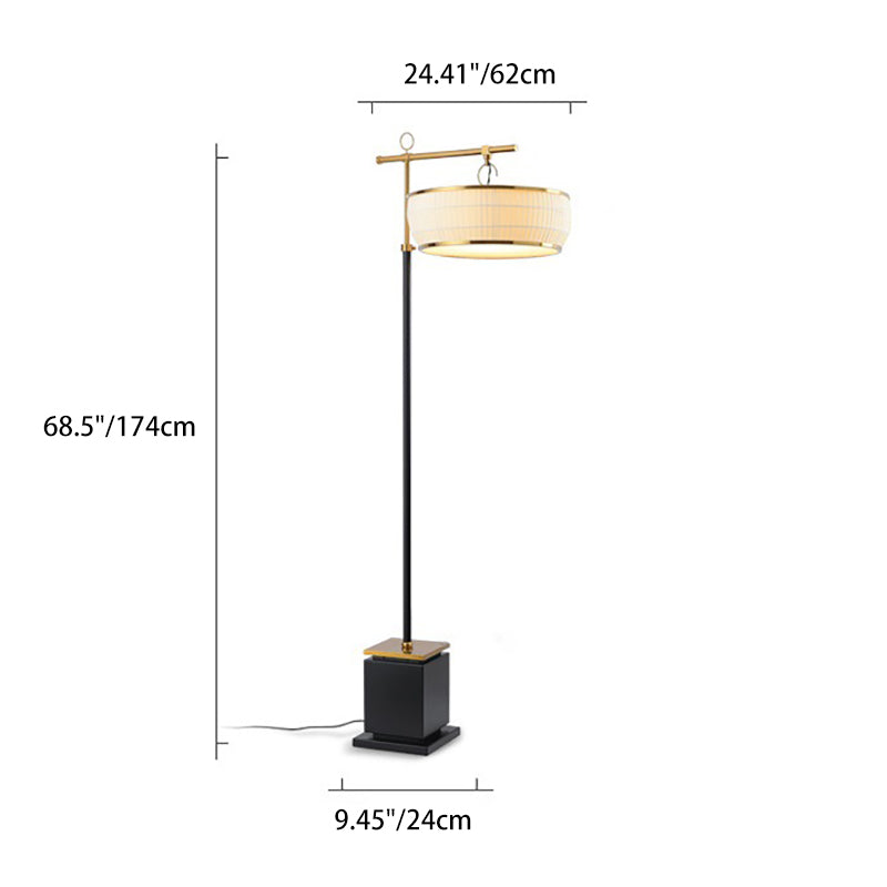 Lampadaire pour salon avec abat-jour plissé en tissu chinois traditionnel et base en matériel, 1 lumière 