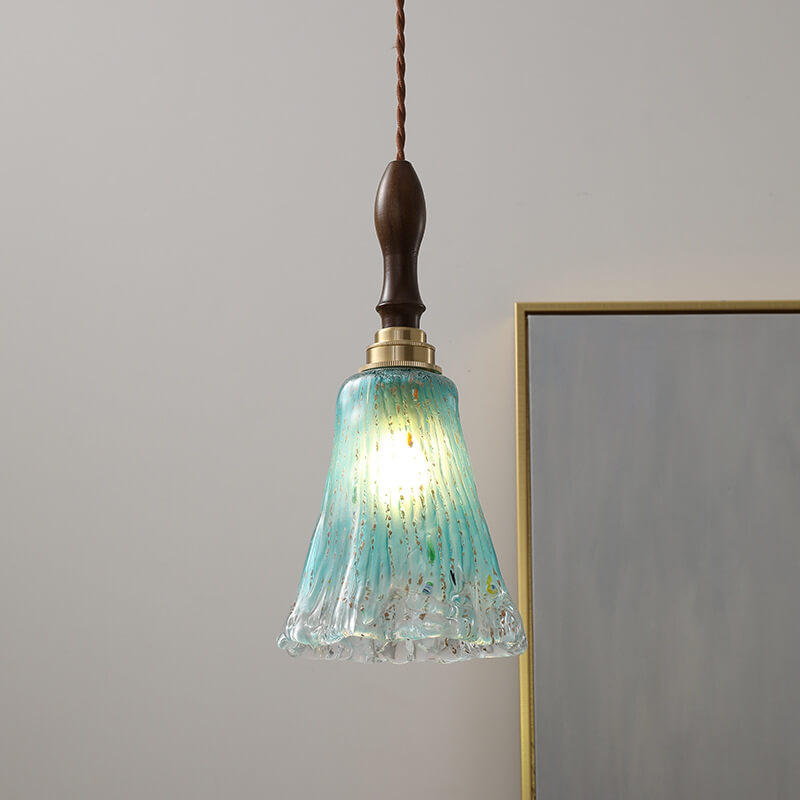 Moderne minimalistische Blume Nussbaum Messing Glas 1-Licht Pendelleuchte 