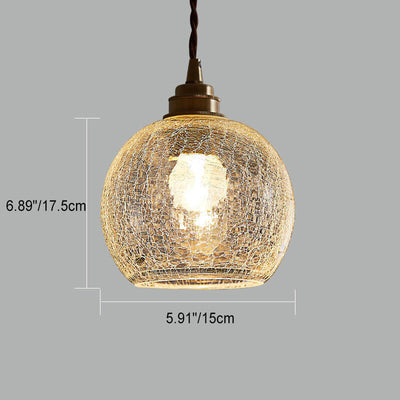 Japanese Vintage Round Crackle Glass Brass 1-Light Pendant Light