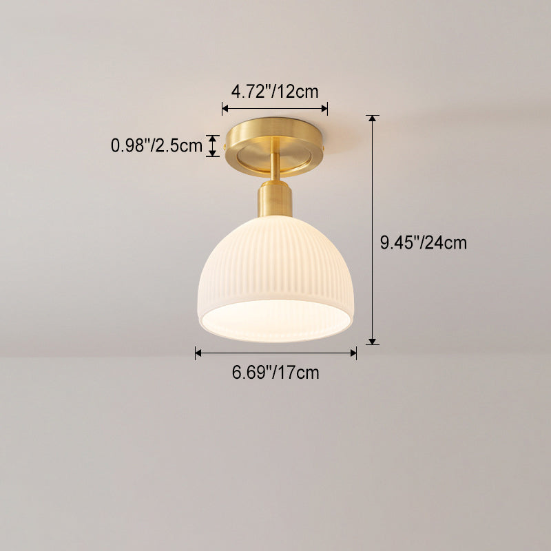 Lumière de plafond semi-encastrée moderne en laiton antique avec cadre rond en verre nervuré à 1 lumière pour salle à manger 