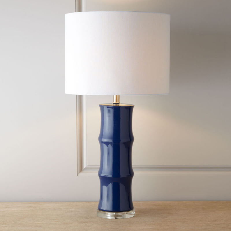 Lampe de table moderne en céramique vintage bleu et blanc avec abat-jour en lin, 1 lumière 