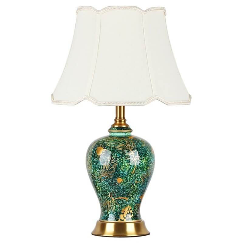 Traditional Vintage Emerald Ceramic Fabric Hardware 1-Light Table Lamp for Bedroom