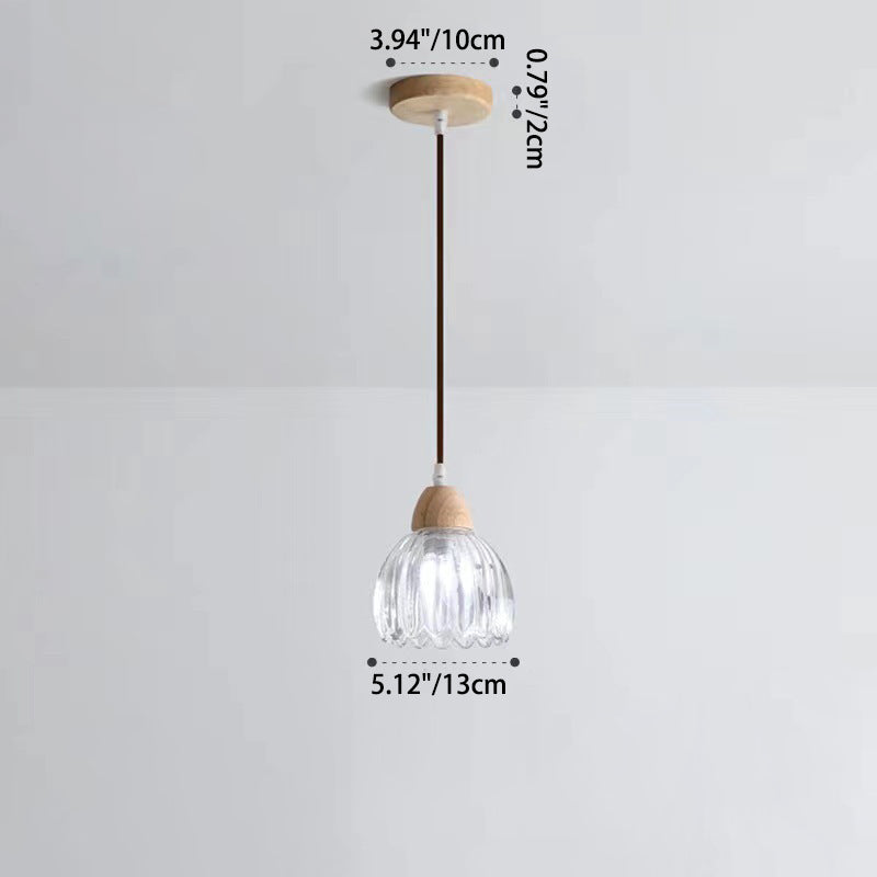 Traditional Japanese Rubber Wood Glass Flower 1-Light Pendant Light For Dining Room