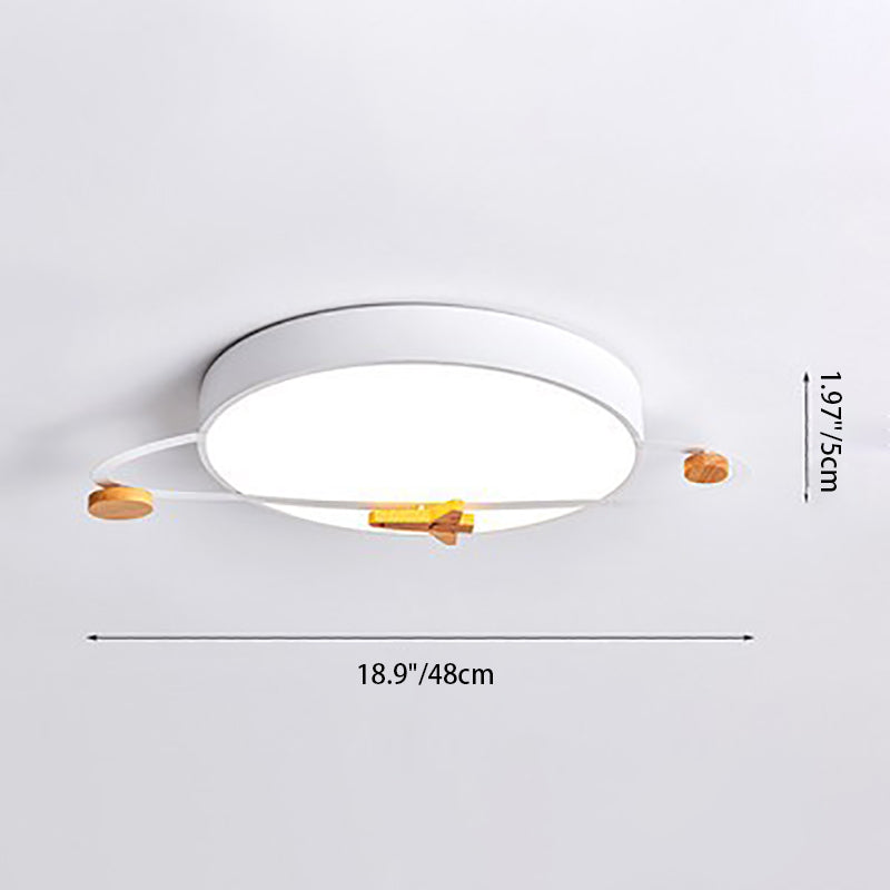 Contemporary Scandinavian Iron Acrylic Wood Round Planet Design LED Kids Flush Mount Ceiling Light For Bedroom