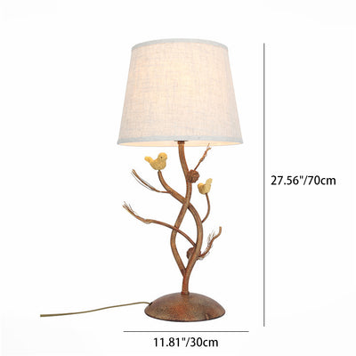 Modern Art Deco Fabric Shade Pinecone Bird Iron Base 1-Light Table Lamp For Bedroom