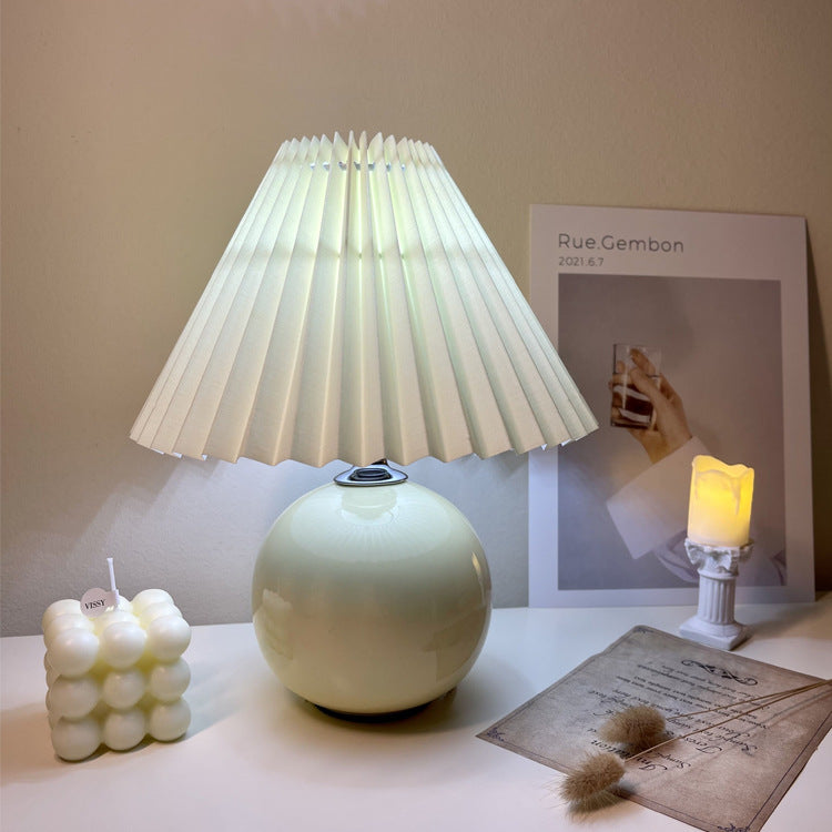 Modern Minimalist Round Fabric Pleated Ceramic 1-Light Table Lamp For Bedroom