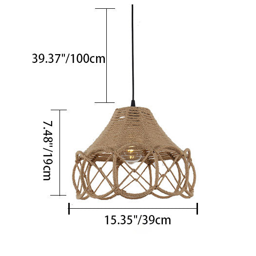 Japanese Retro Hemp Rope Weaving Flower Basket Iron 1-Light Pendant Light