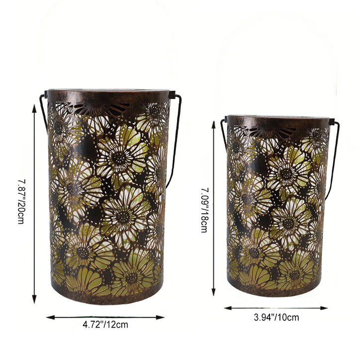 Éclairage paysager suspendu à LED pour jardin, traditionnel, en forme de cylindre en fer étanche, à énergie solaire, avec motif de fleurs ajourées 