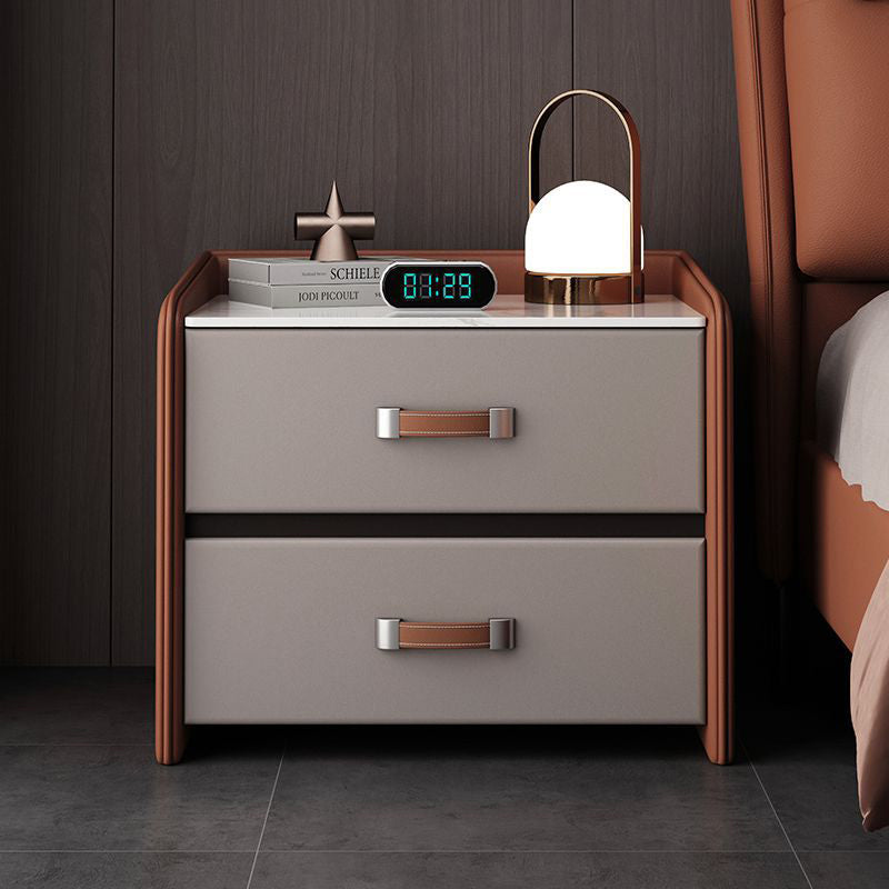 Modern Simplicity Rectangular Slab Saddle-Style Faux Leather Wood Nightstand 2-Drawer For Bedside