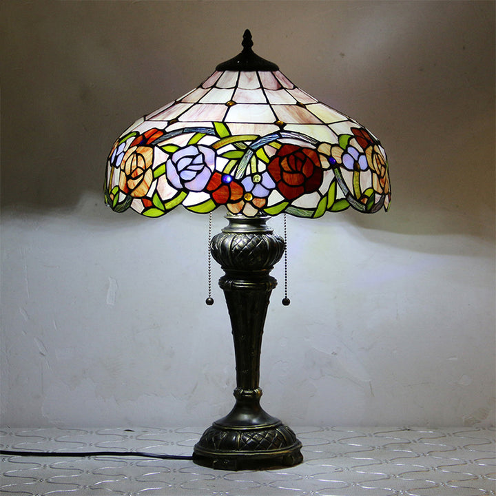 Traditional Tiffany Resin Glass Dome Hemispheric Flower 2-Light Table Lamp For Bedside