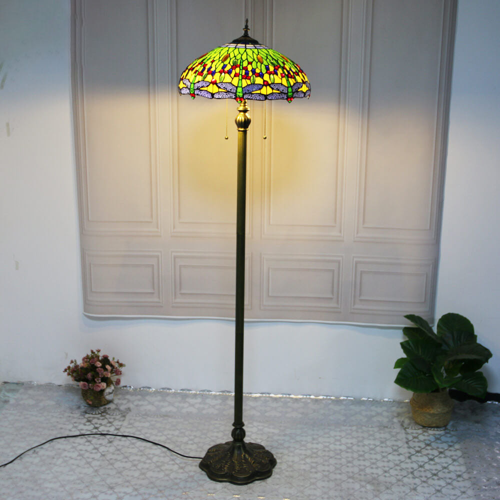 Lámpara de pie de 2 luces con cúpula de resina de vidrio teñido de libélula vintage de Tiffany 