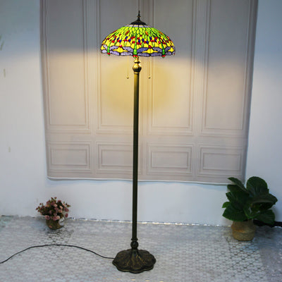 Tiffany Vintage Dragonfly Stained Glass Resin Dome 2-Light Standing Floor Lamp