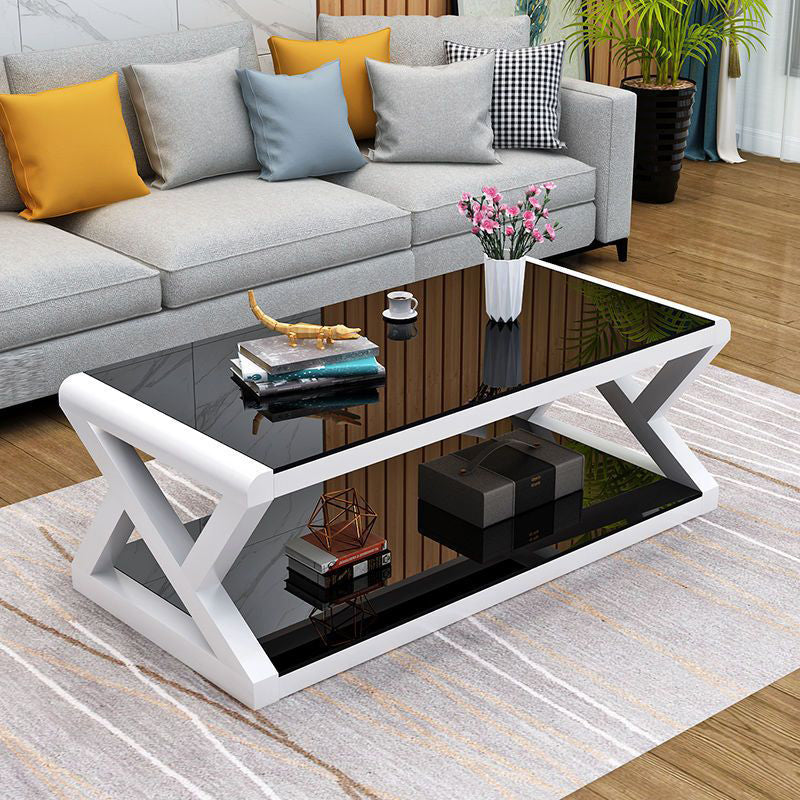 Table basse moderne en verre renforcé rectangulaire en acier à 2 niveaux pour salon 