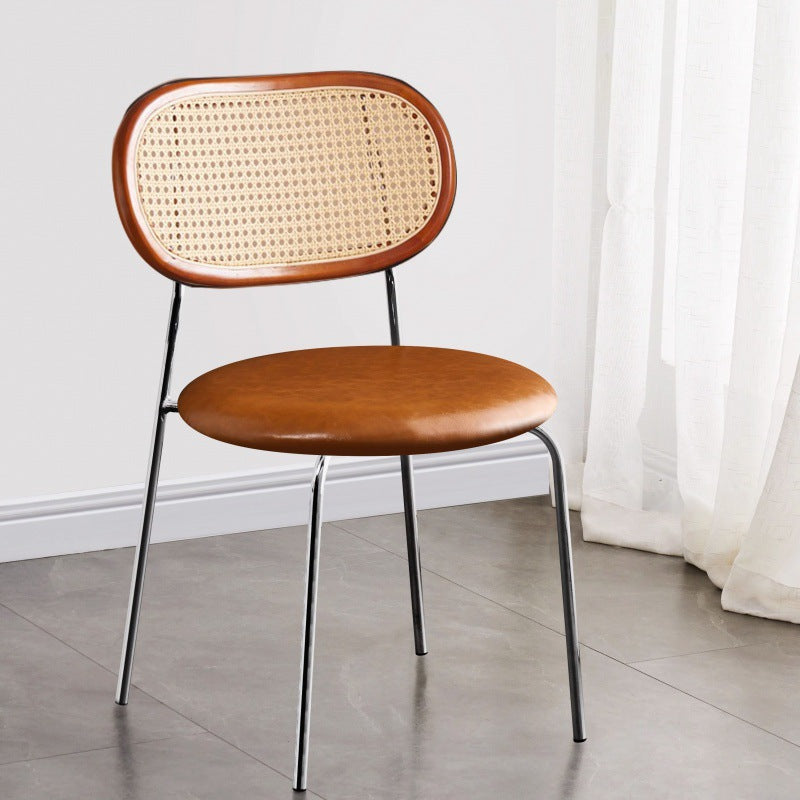 Contemporary Vintage Round Rectangular Rubberwood Plywood Iron Faux Leather PE Rattan Dining Chair Backrest For Dining Room