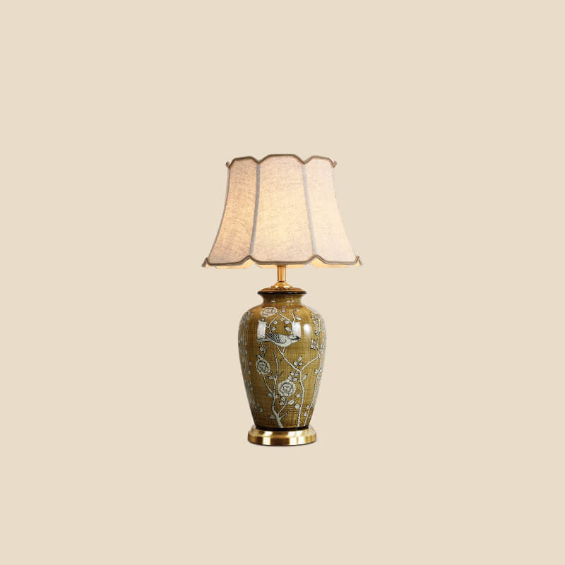 Retro Chinese Ceramic Canvas Shade Copper Base 1-Light Table Lamp