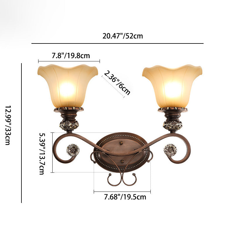 Traditionelle rustikale Milchglas-Blumenschirm-Eisen-Harz-1/2-Licht-Wandleuchter-Lampe für Schlafzimmer 