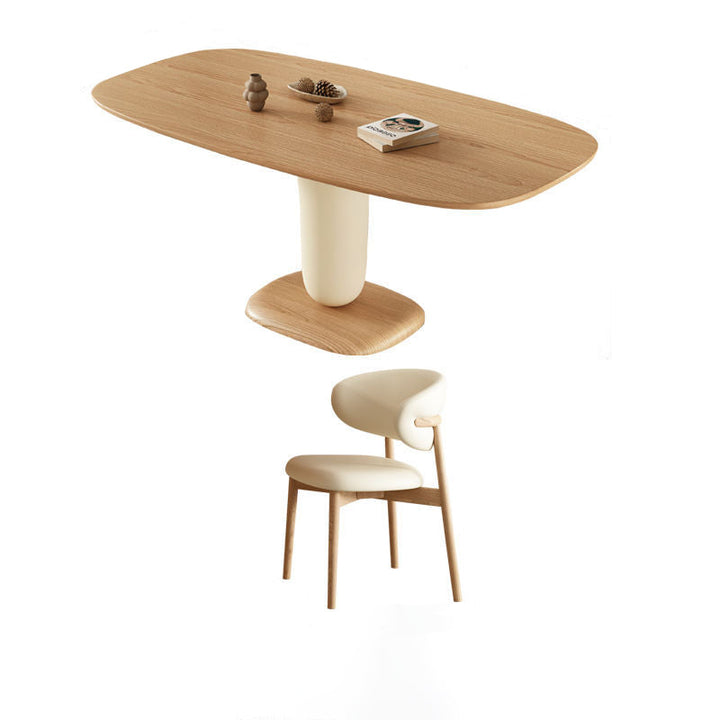Traditional Japanese Elliptical Oak Wood Cat Scratch Leather Dining Table &amp; Chair Set For 4/6 Seats