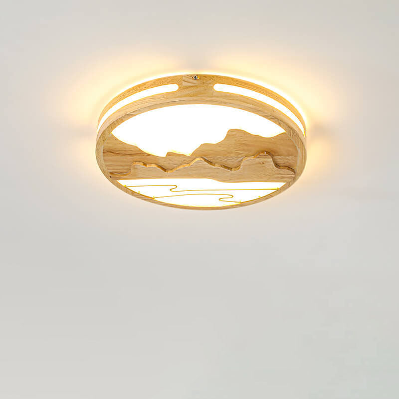 Modern Chinese Wooden Round Mountain Design LED Flush Mount Ceiling Light