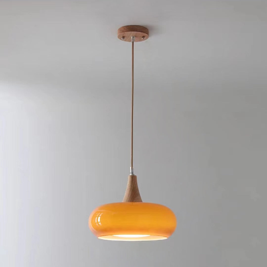 Zeitgenössische Einfachheit Persimmon Glas Form Holz 1-Licht Pendelleuchte für Wohnzimmer 