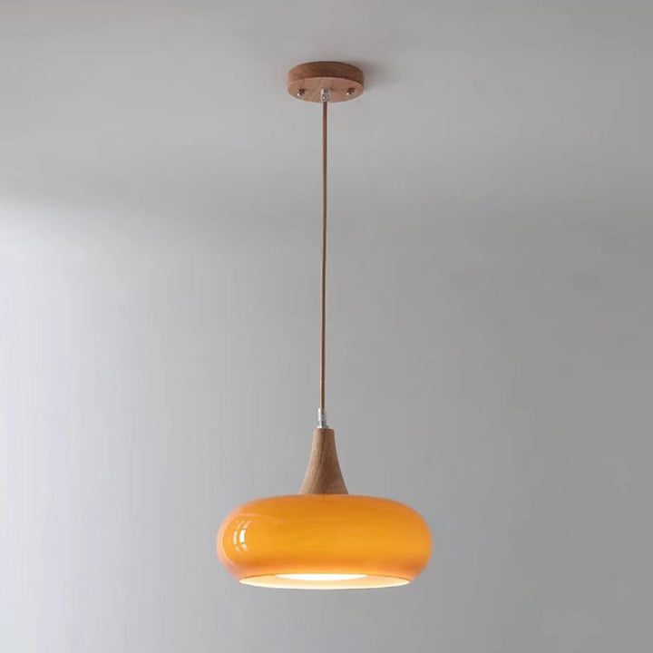 Zeitgenössische Einfachheit Persimmon Glas Form Holz 1-Licht Pendelleuchte für Wohnzimmer 