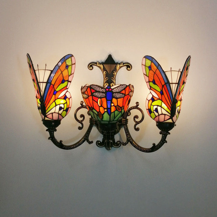 Traditional Tiffany European Butterfly Alloy Iron Glass 3-Light Wall Sconce Lamp For Hallway