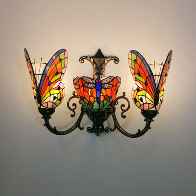 Traditional Tiffany European Butterfly Stained Glass 3-Light Wall Sconce Lamp For Hallway