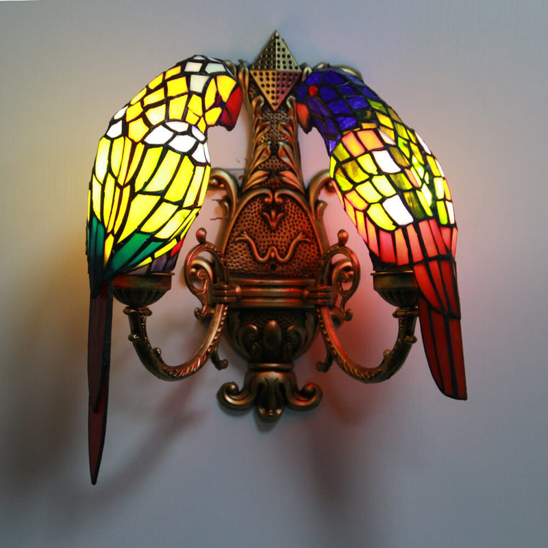 Tiffany Pastoral Double-Headed Parrot Stained Glass 2-Light Wall Sconce Lamp