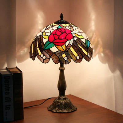 Retro Tiffany Peony Pattern Stained Glass Dome 1-Light Table Lamp