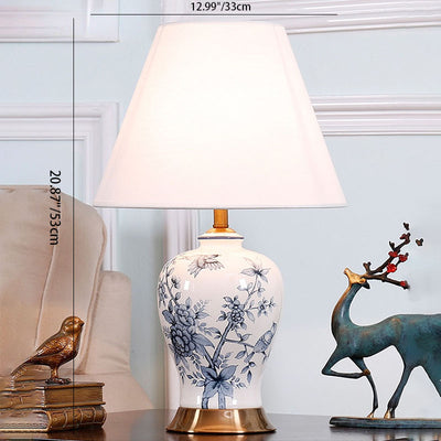 Traditional Chinese Celadon Ceramic Fabric 1-Light Table Lamp For Living Room