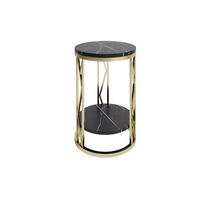 Mesa de Centro Moderna de Lujo Redonda con Tapa de Hierro y Estante de Roca para Sala de Estar 