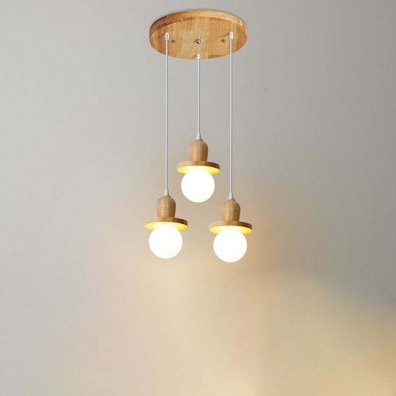 Lámpara de araña de isla de 1/3/5 luces con pantalla de vidrio de globo y marco lineal de madera tradicional japonesa para sala de estar 