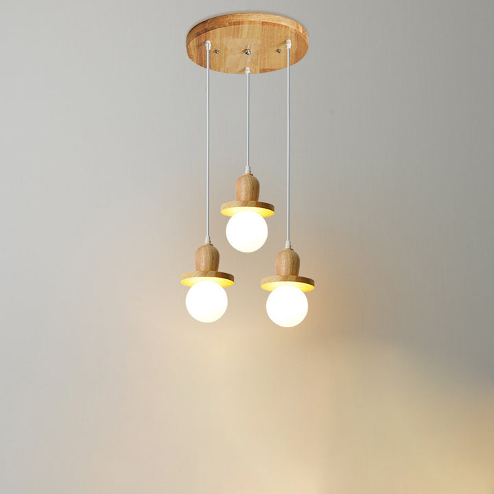 Lámpara de araña de isla de 1/3/5 luces con pantalla de vidrio de globo y marco lineal de madera tradicional japonesa para sala de estar 