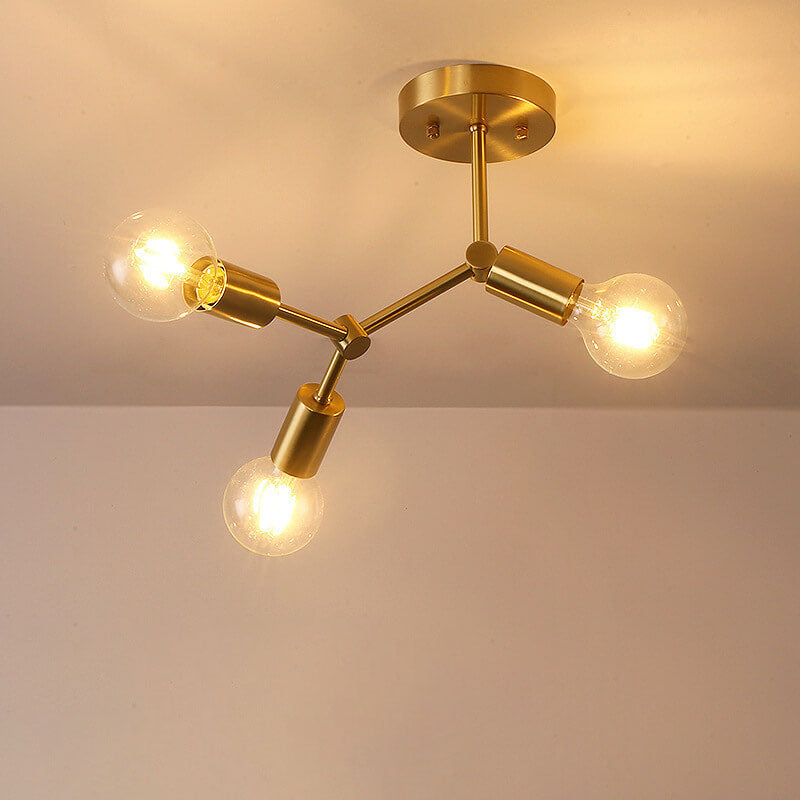 Contemporary Industrial Exposed Bulb Copper Branch 3/4 Light Semi-Flush Mount Ceiling Light For Living Room