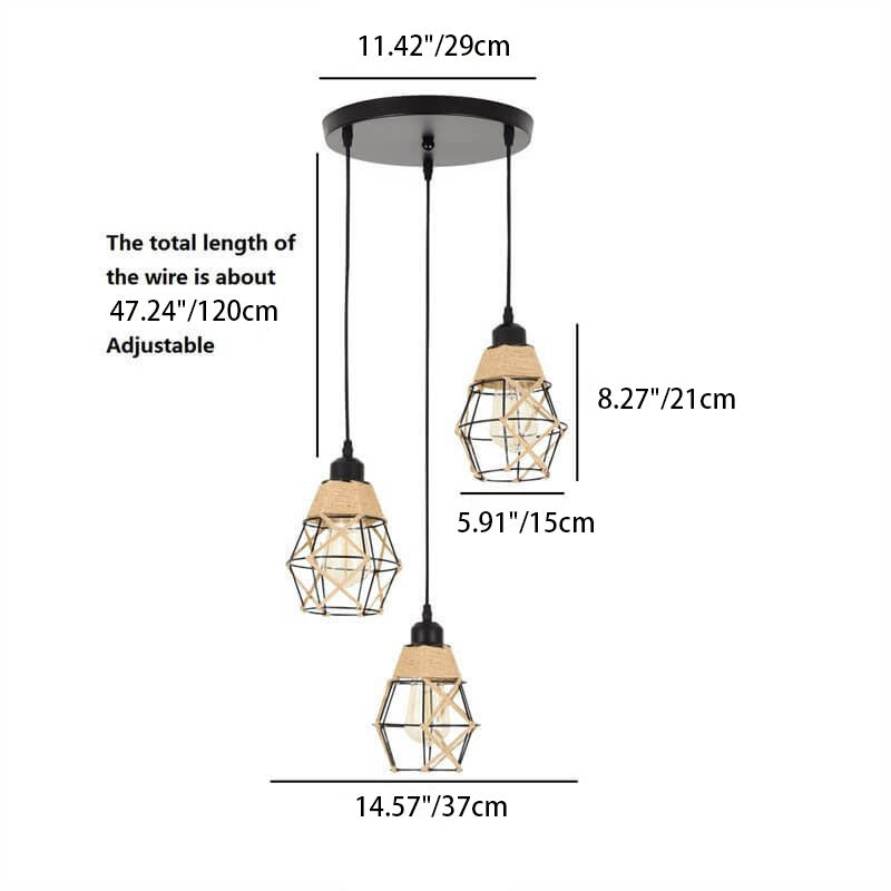 Nostalgic Industrial Iron Diamond Shape Hemp Rope Weaving 1/3-Light Island Light Chandelier