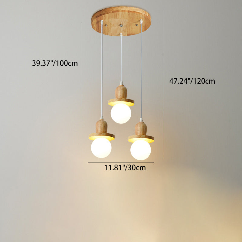 Lámpara de araña de isla de 1/3/5 luces con pantalla de vidrio de globo y marco lineal de madera tradicional japonesa para sala de estar 