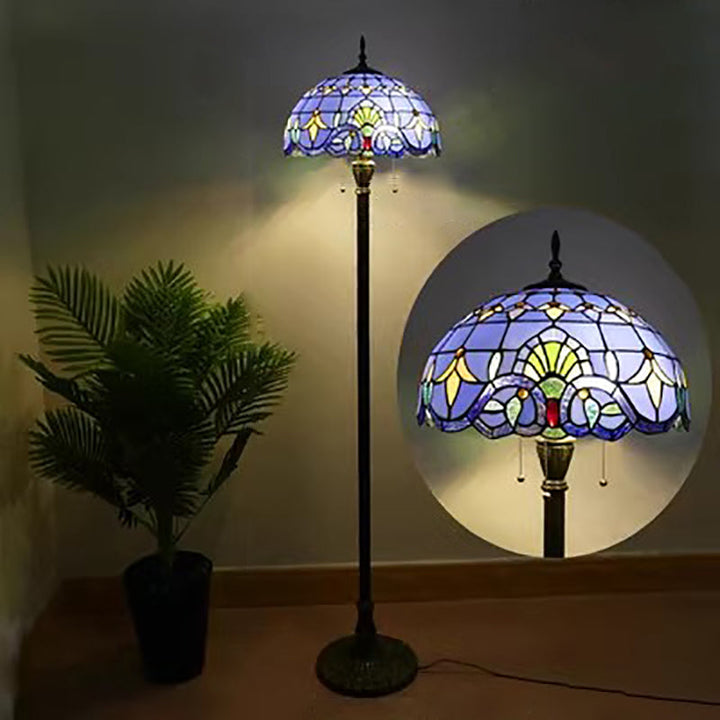 Lámpara de pie de 3 luces de vidrio de hierro con columna tradicional Tiffany para sala de estar 