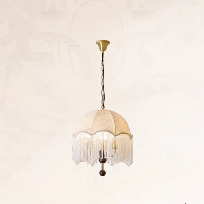 Traditionelle französische runde Quaste Eisen Holz Stoff 3-Licht Pendelleuchte für Wohnzimmer 