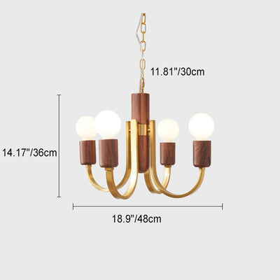Zeitgenössischer Vintage-Kronleuchter mit gebogener Stange, Zylinder, Kerzenständer-Form, Kupfer, Holz, 3/4/5 Lichter, für Wohnzimmer 