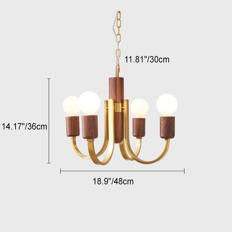 Zeitgenössischer Vintage-Kronleuchter mit gebogener Stange, Zylinder, Kerzenständer-Form, Kupfer, Holz, 3/4/5 Lichter, für Wohnzimmer 