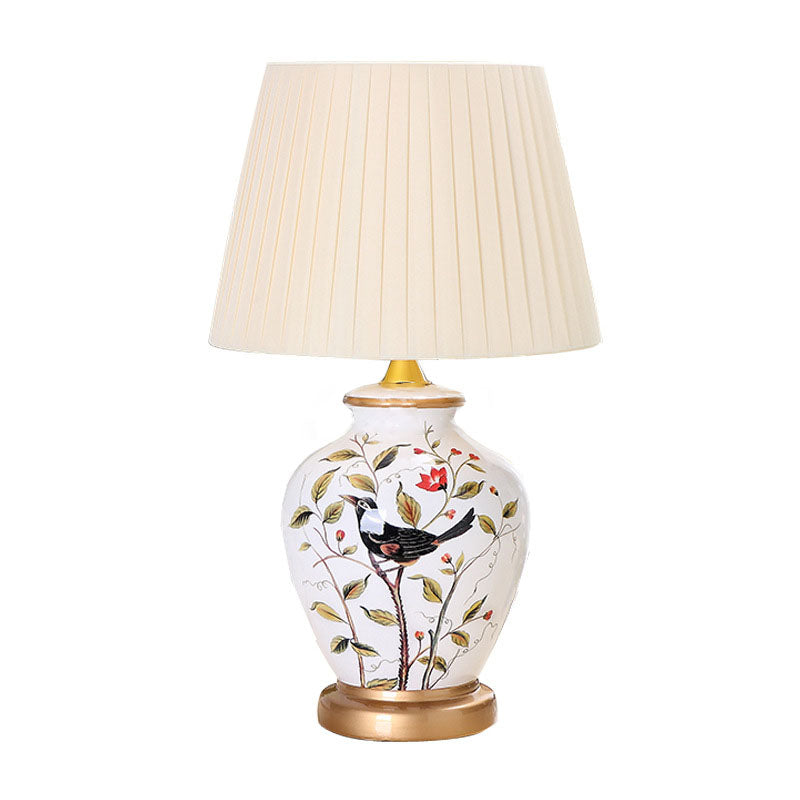 Traditional Chinese Bird Vase Base Ceramic Fabric 1-Light Table Lamp For Living Room