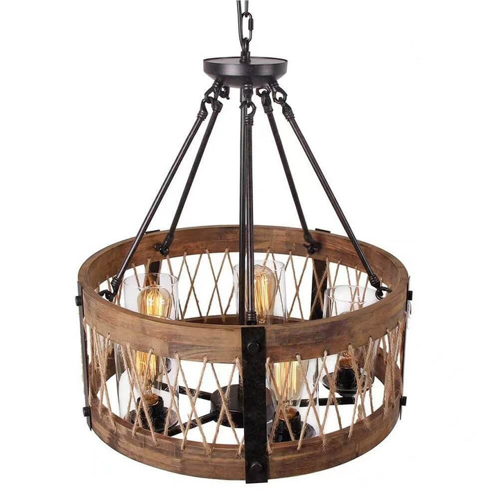 Moderner industrieller 5-flammiger Kronleuchter aus Massivholz, Glas, Eisen, Trommelglas und Kordel für das Esszimmer 