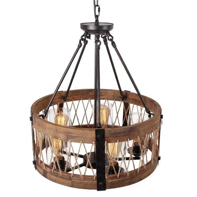 Industrial Vintage Wooden Drum Glass Twine 5-Light Chandelier