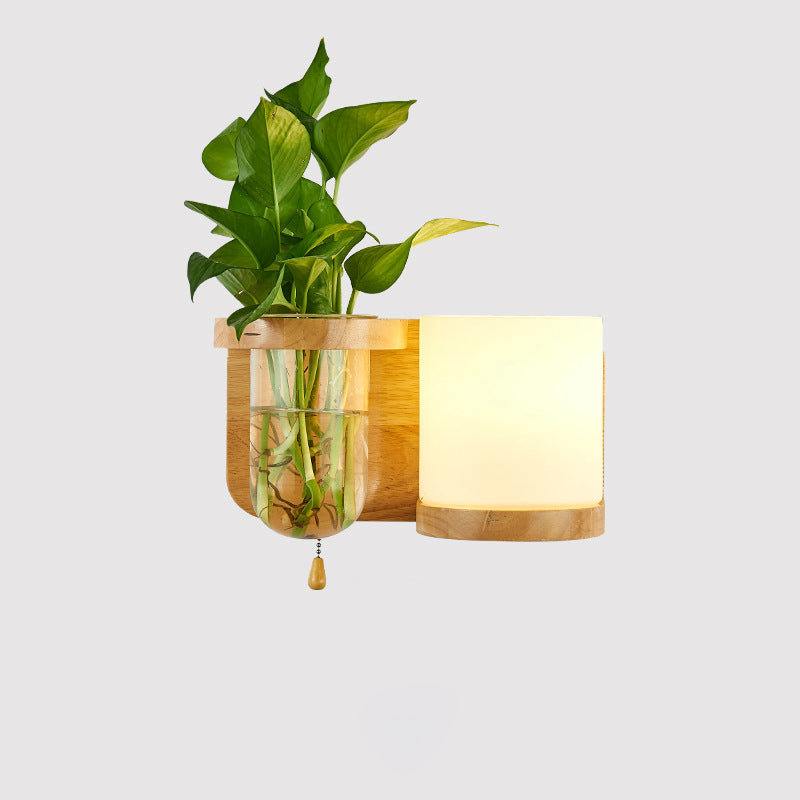 Moderne minimalistische rechteckige Zylinder Orb Glas Holz 1-Licht Wandleuchte Lampe für Wohnzimmer 