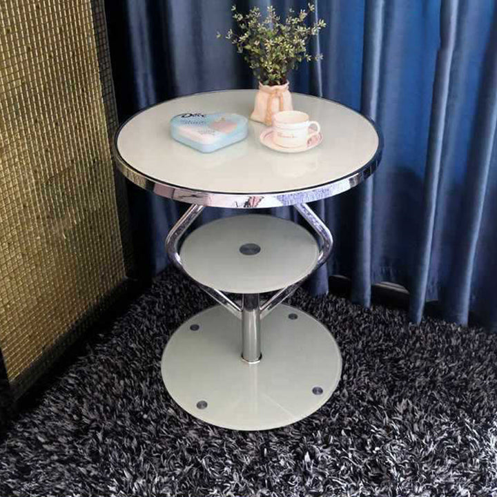 Zeitgenössischer nordischer runder Lutscher-Glas-Edelstahl-Beistelltisch 2-stufig für das Wohnzimmer 