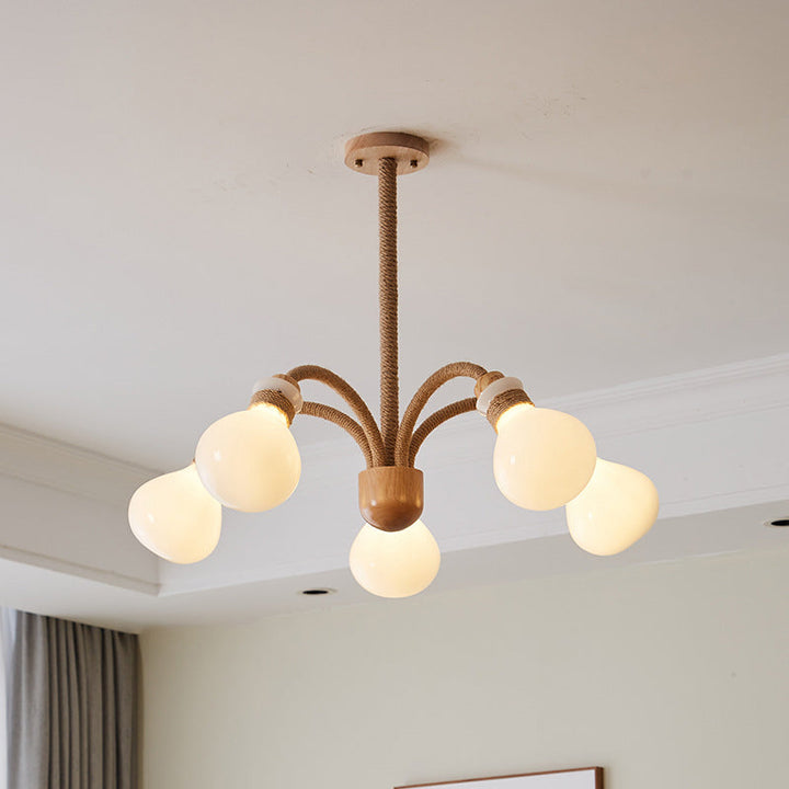 Zeitgenössischer skandinavischer Kronleuchter mit gebogener Stange, Hanfseil, Massivholz und Glas, 3/5/6 Lichter für das Wohnzimmer 