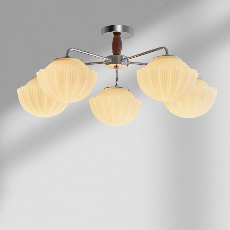 Traditionelle französische Schüssel geripptes Eisen Holz Glas 3/5/8 Licht Halbbündige Deckenleuchte für Wohnzimmer 
