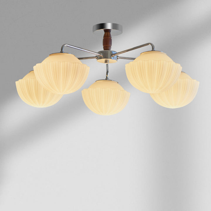 Traditionelle französische Schüssel geripptes Eisen Holz Glas 3/5/8 Licht Halbbündige Deckenleuchte für Wohnzimmer 