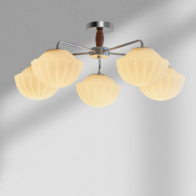 Plafonnier semi-encastré à 3/5/8 lumières avec bol traditionnel français en fer cannelé, bois et verre pour salon 
