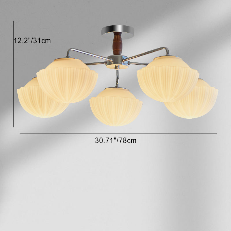 Traditionelle französische Schüssel geripptes Eisen Holz Glas 3/5/8 Licht Halbbündige Deckenleuchte für Wohnzimmer 