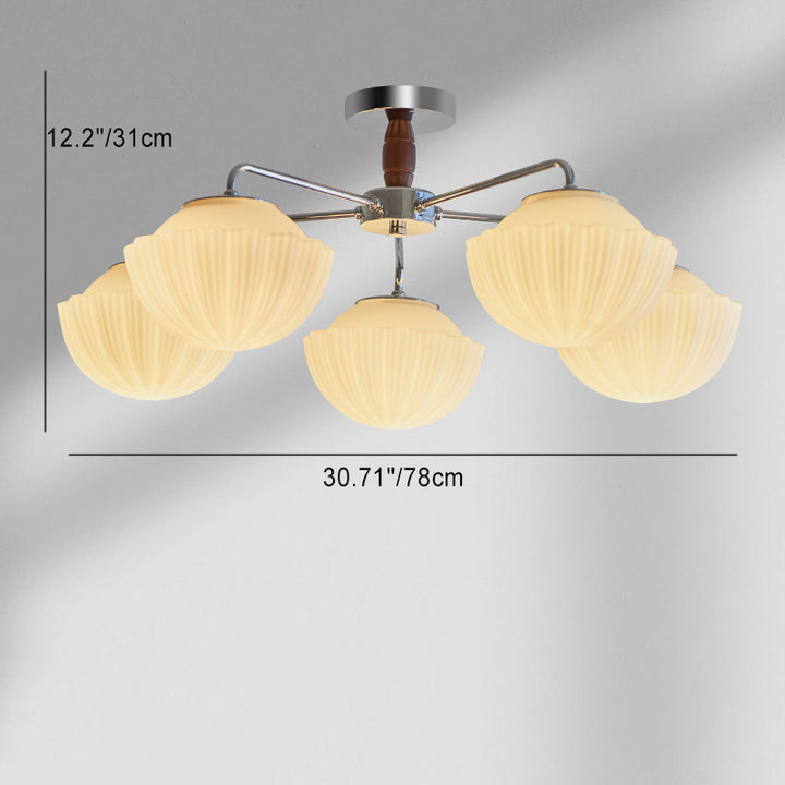 Traditionelle französische Schüssel geripptes Eisen Holz Glas 3/5/8 Licht Halbbündige Deckenleuchte für Wohnzimmer 